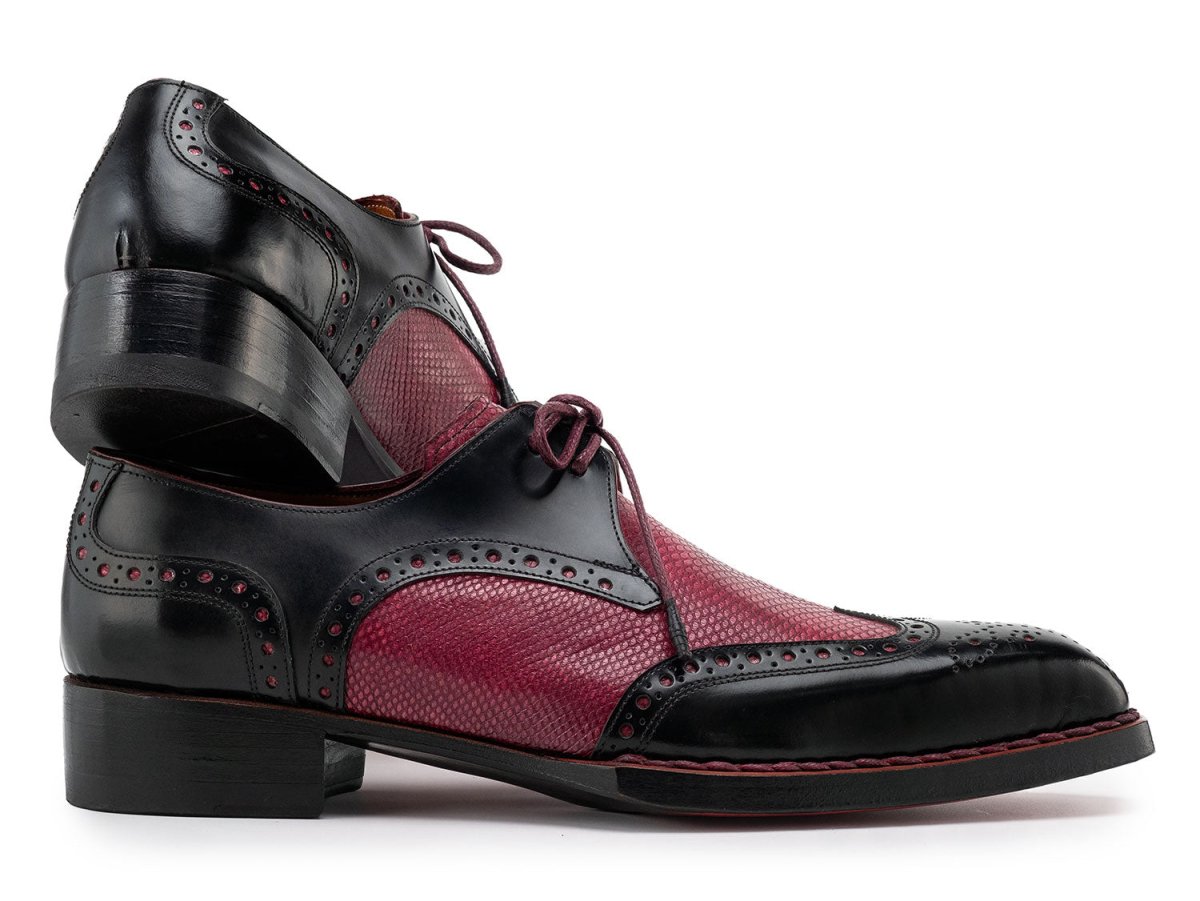 Paul Parkman Men's Hand Welted Leather Wingtip Derby Shoes in Black and Red