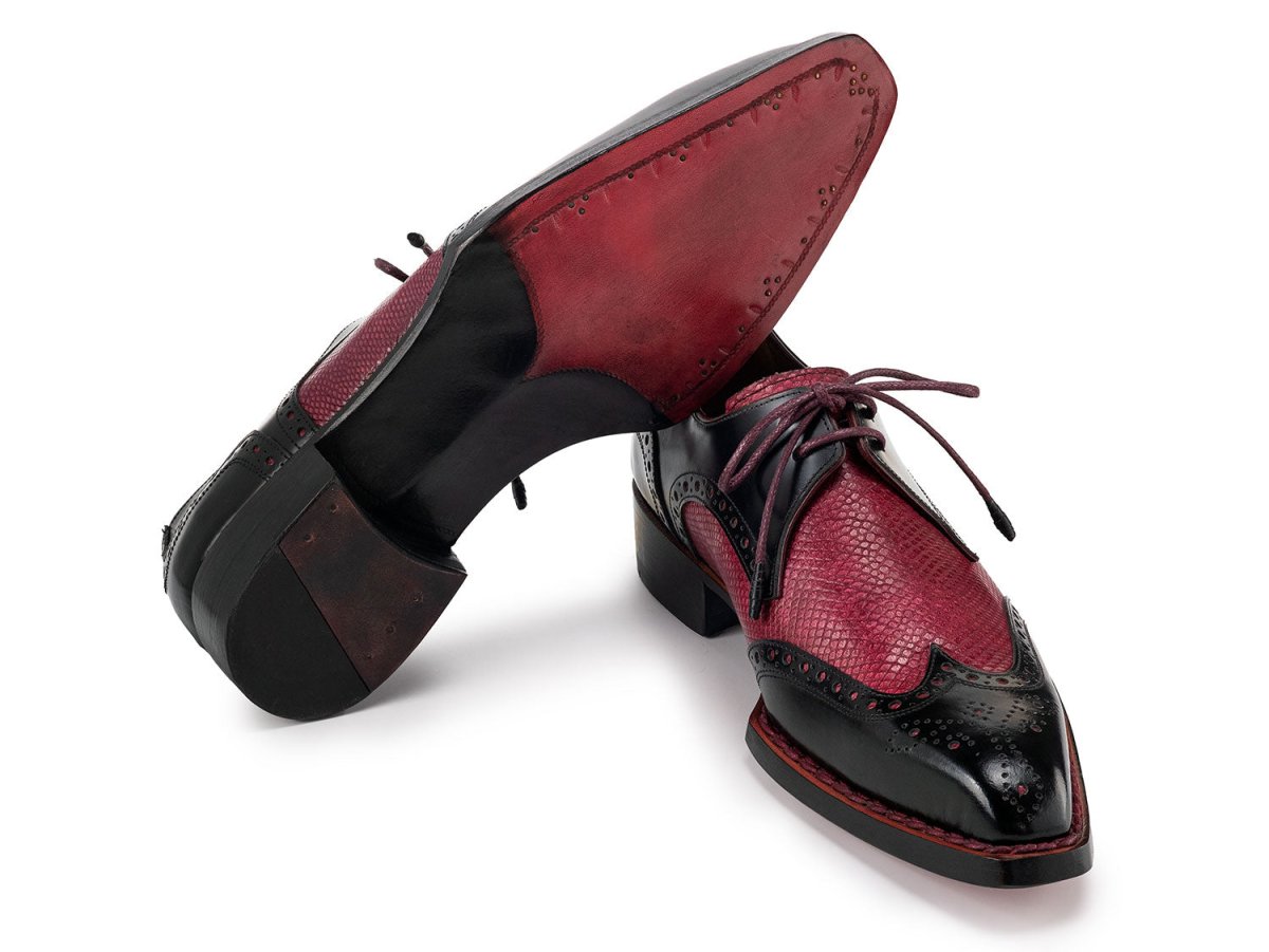 Paul Parkman Men's Hand Welted Leather Wingtip Derby Shoes in Black and Red