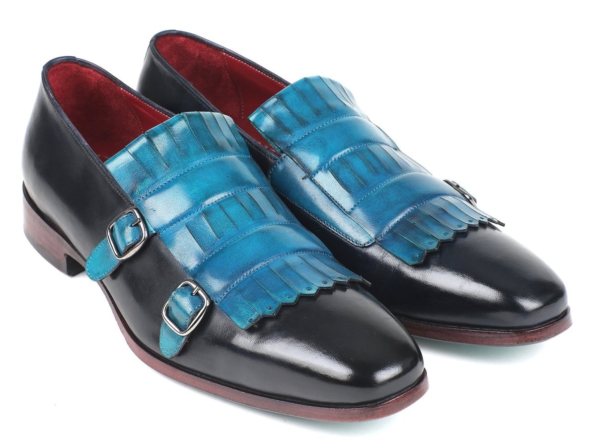 Paul Parkman Men's Kiltie Double Monkstraps in Light Blue and Navy