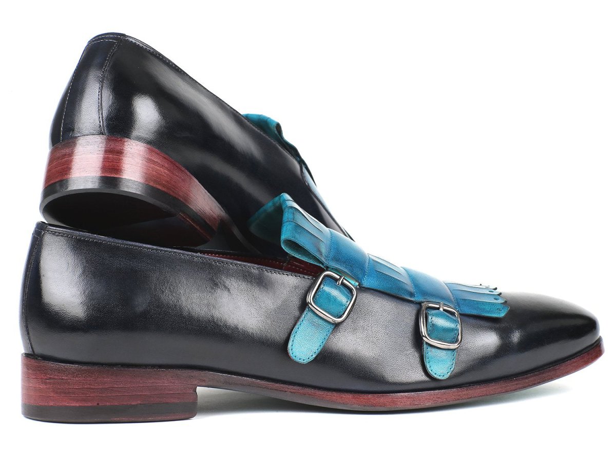 Paul Parkman Men's Kiltie Double Monkstraps in Light Blue and Navy