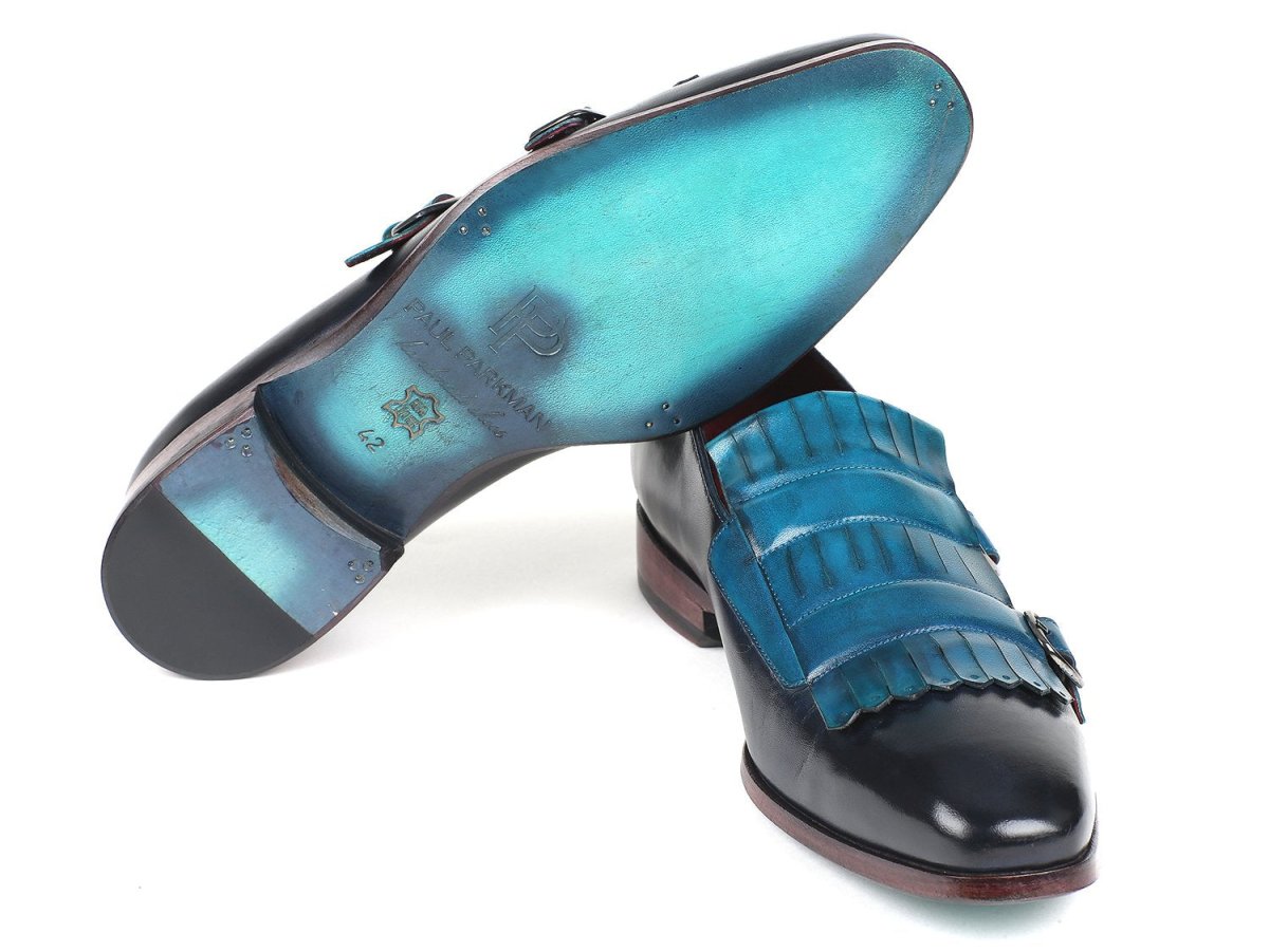 Paul Parkman Men's Kiltie Double Monkstraps in Light Blue and Navy