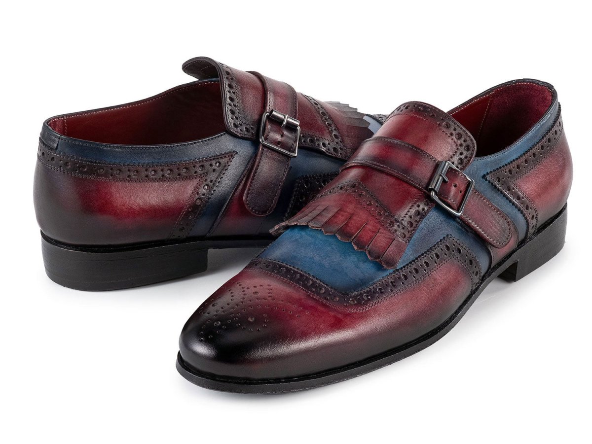 Paul Parkman Men's Kiltie Monkstrap Leather Shoes in Blue and Burgundy