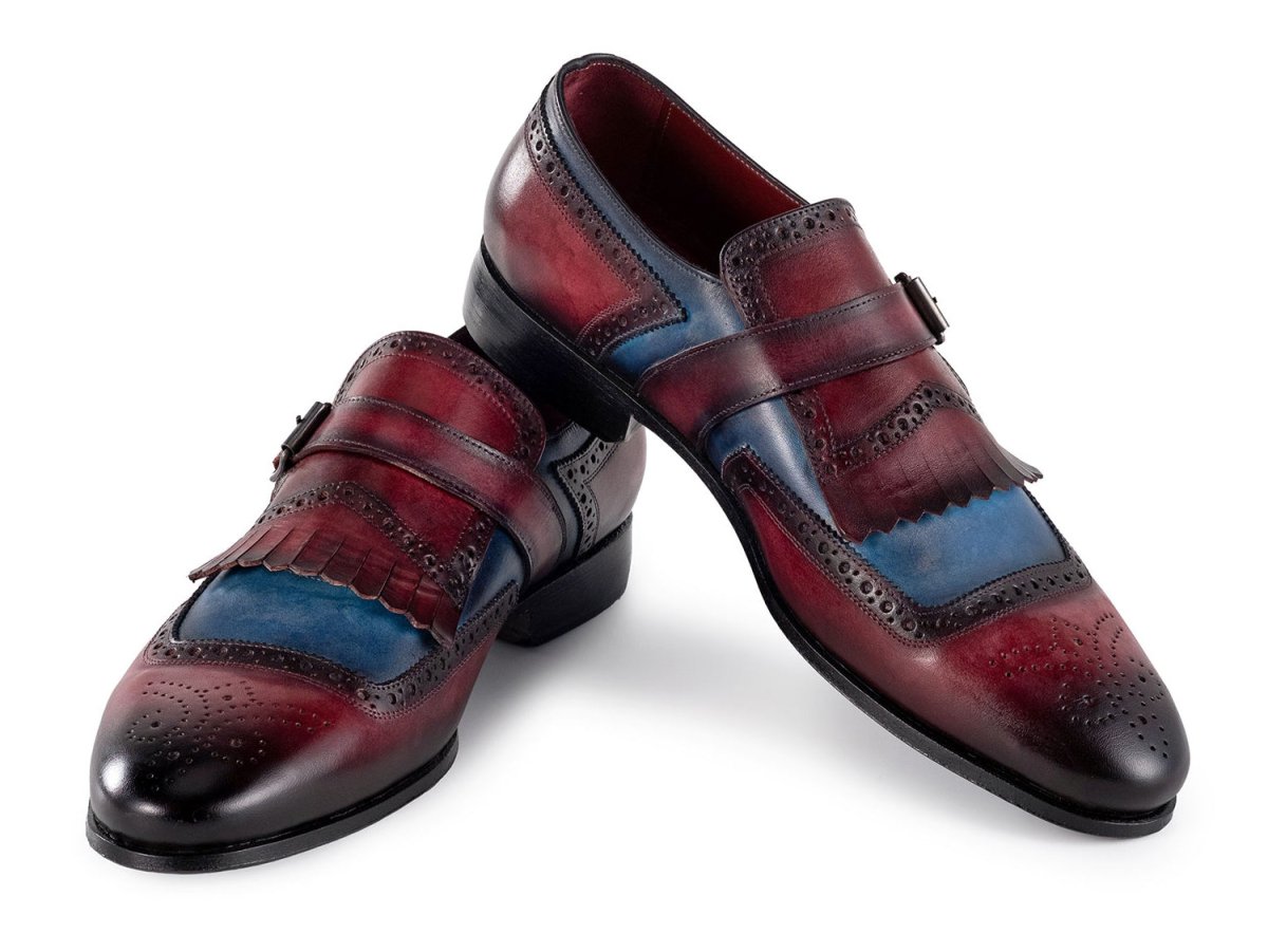 Paul Parkman Men's Kiltie Monkstrap Leather Shoes in Blue and Burgundy
