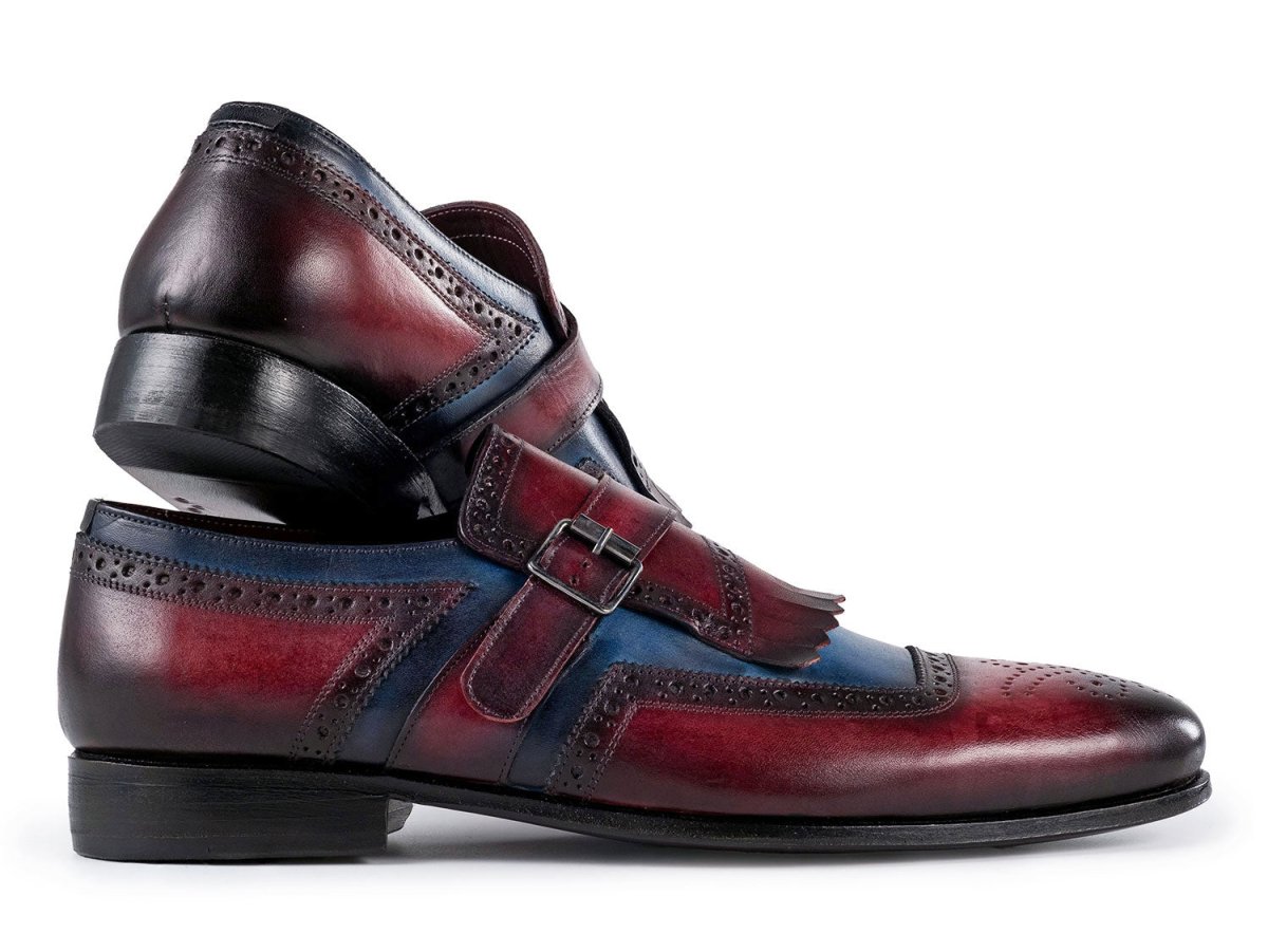 Paul Parkman Men's Kiltie Monkstrap Leather Shoes in Blue and Burgundy