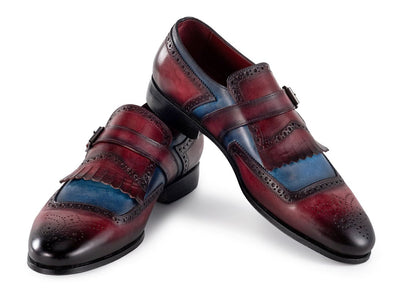 Paul Parkman Men's Kiltie Monkstrap Shoes Blue and Burgundy Leather (ID12MV62)