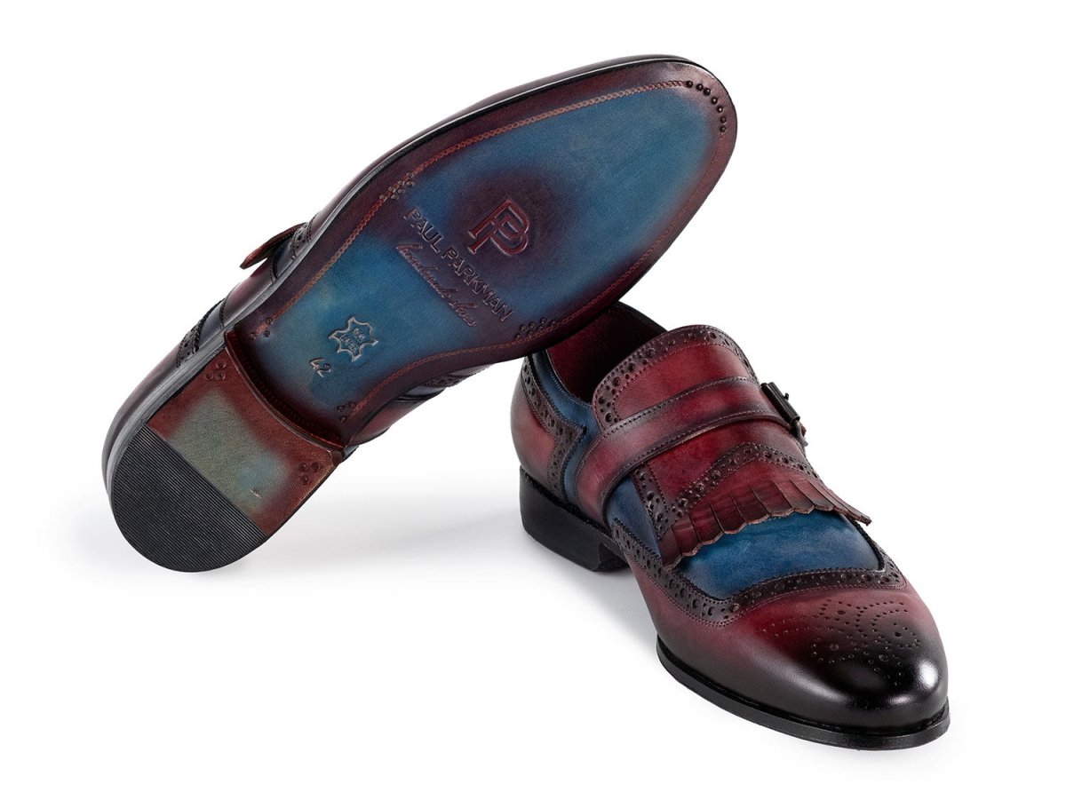 Paul Parkman Men's Kiltie Monkstrap Shoes Blue and Burgundy Leather (ID12MV62)
