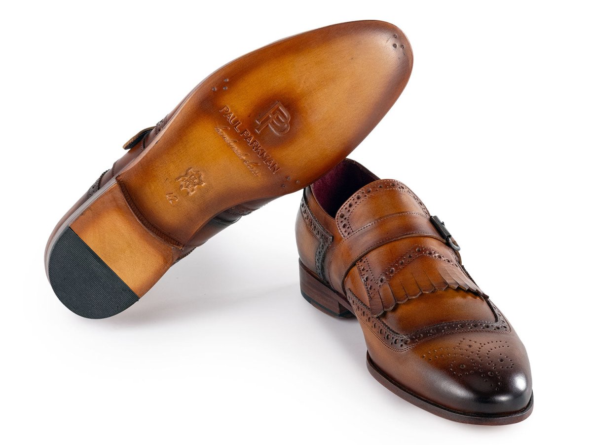 Paul Parkman Men's Kiltie Monkstrap Shoes Brown Leather (ID12BR95)