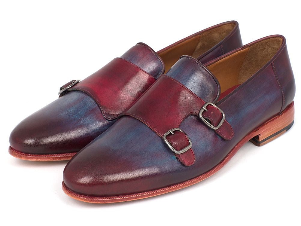 Paul Parkman Men's Leather Double Monkstraps in Bordeaux and Navy