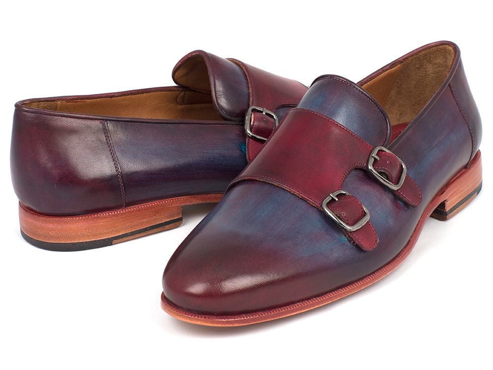 Paul Parkman Men's Leather Double Monkstraps in Bordeaux and Navy