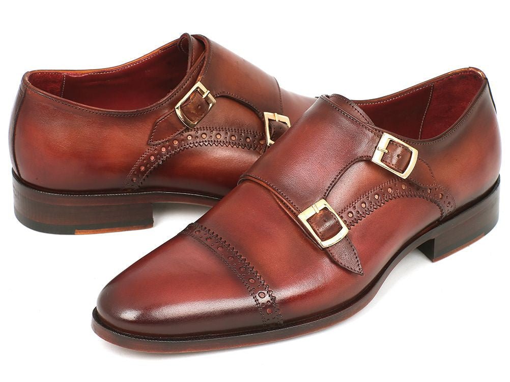 Paul Parkman Men's Leather Double Monkstraps in Camel and Light Brown