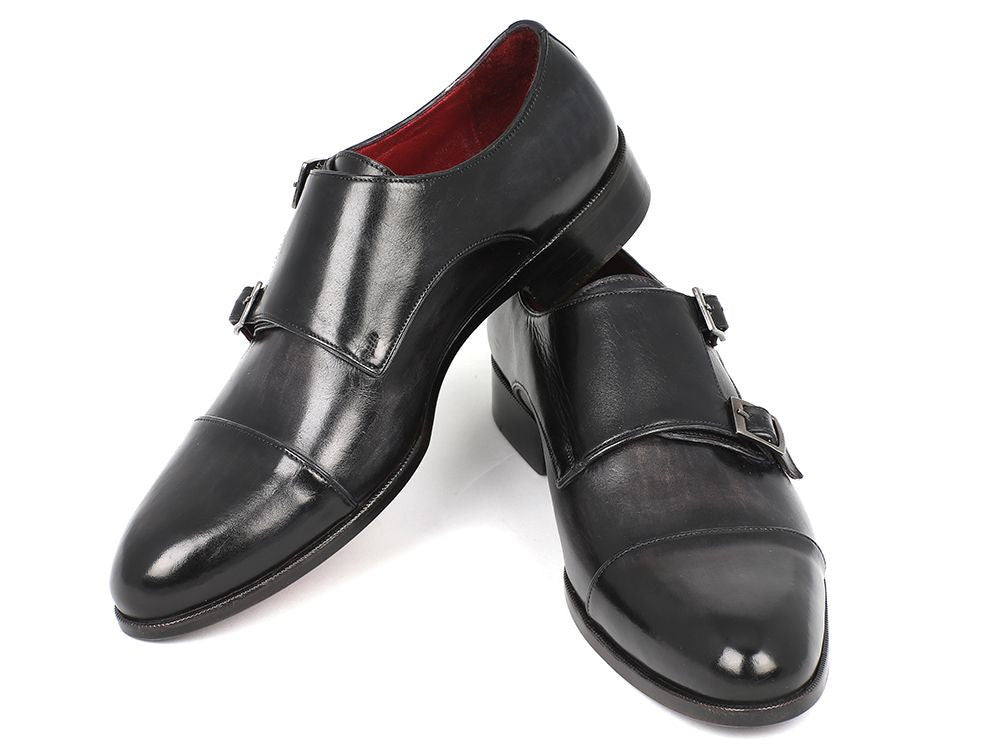 Paul Parkman Men's Leather Double Monkstraps in Gray and Black