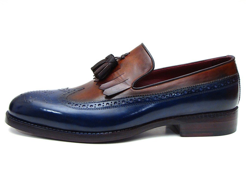 Paul Parkman Men's Leather Kiltie Tassel Loafers in Navy and Tobacco