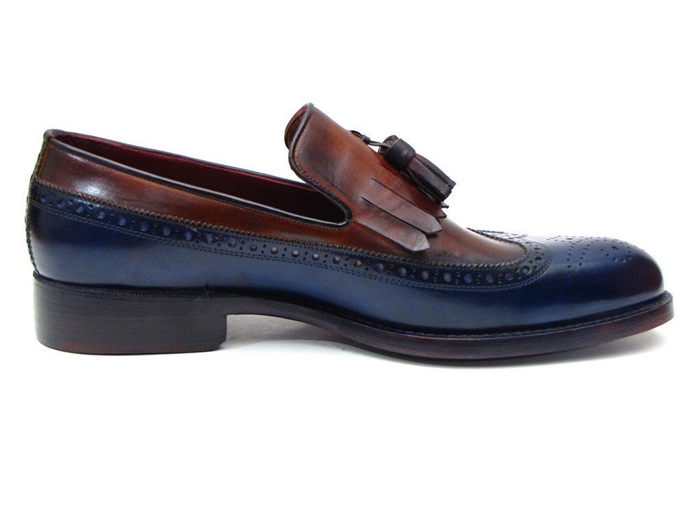 Paul Parkman Men's Leather Kiltie Tassel Loafers in Navy and Tobacco