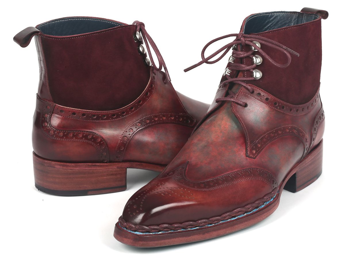 Paul Parkman Men's Norwegian Welted Wingtip Leather and Suede Boots (ID8509 BUR)