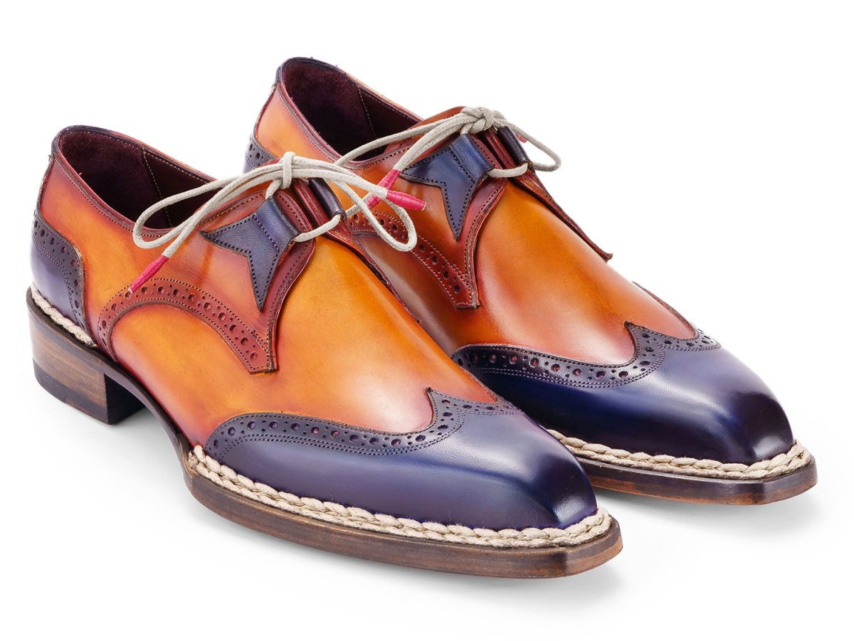 Paul Parkman Men's Norwegian Welted Wingtip Men's Dress Shoes in Blue and Camel