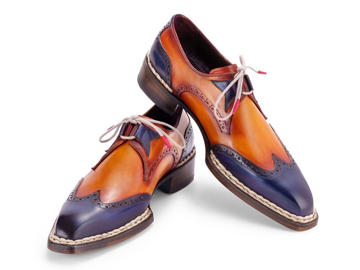 Paul Parkman Men's Norwegian Welted Wingtip Men's Dress Shoes in Blue and Camel