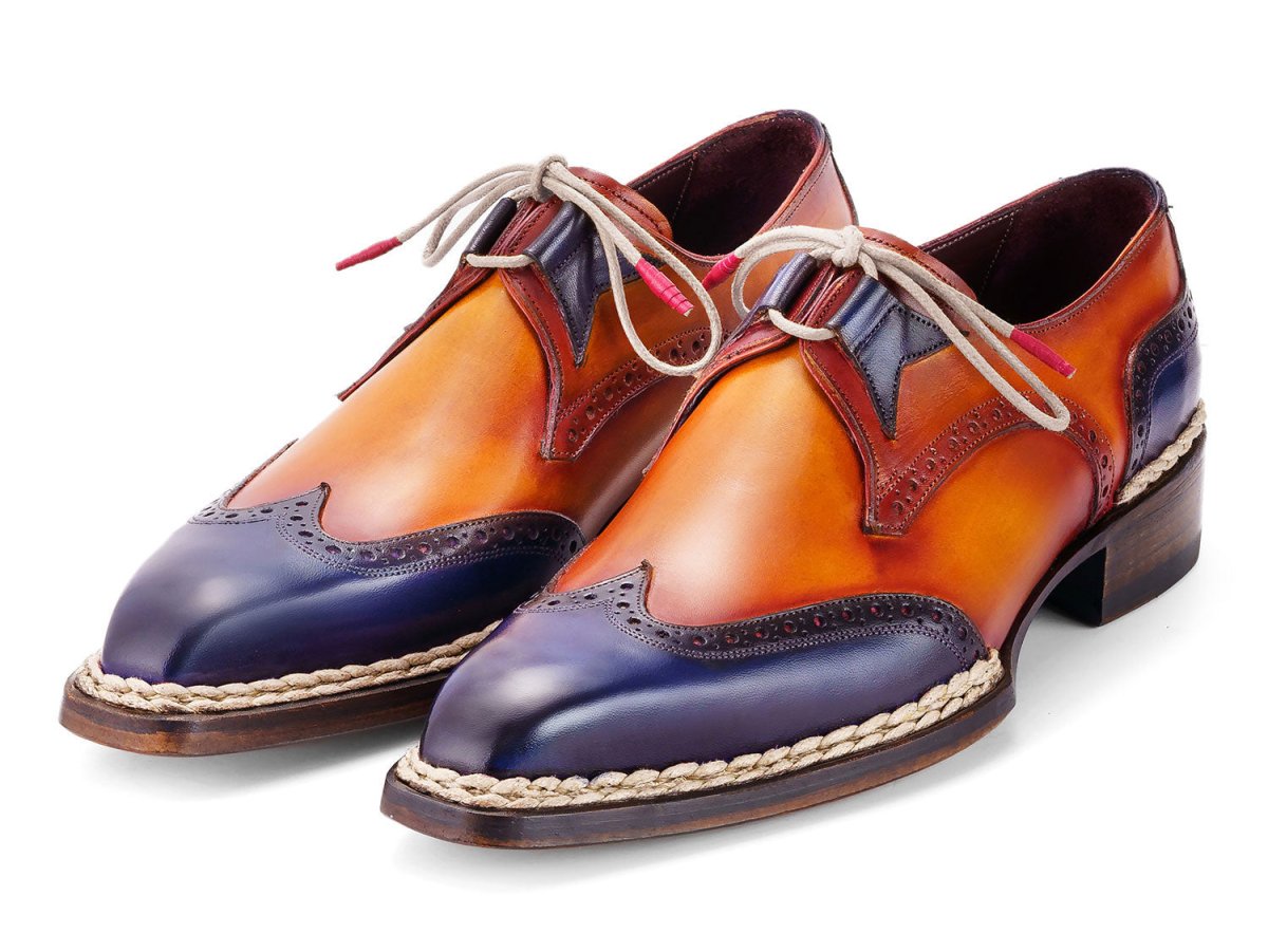 Paul Parkman Men's Norwegian Welted Wingtip Men's Dress Shoes in Blue and Camel