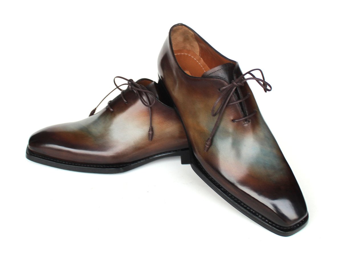 Paul Parkman Men's Patina Goodyear Welted Wholecut Oxfords in Brown and Blue