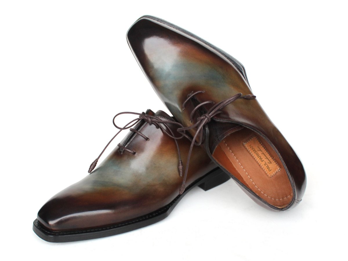 Paul Parkman Men's Patina Goodyear Welted Wholecut Oxfords in Brown and Blue