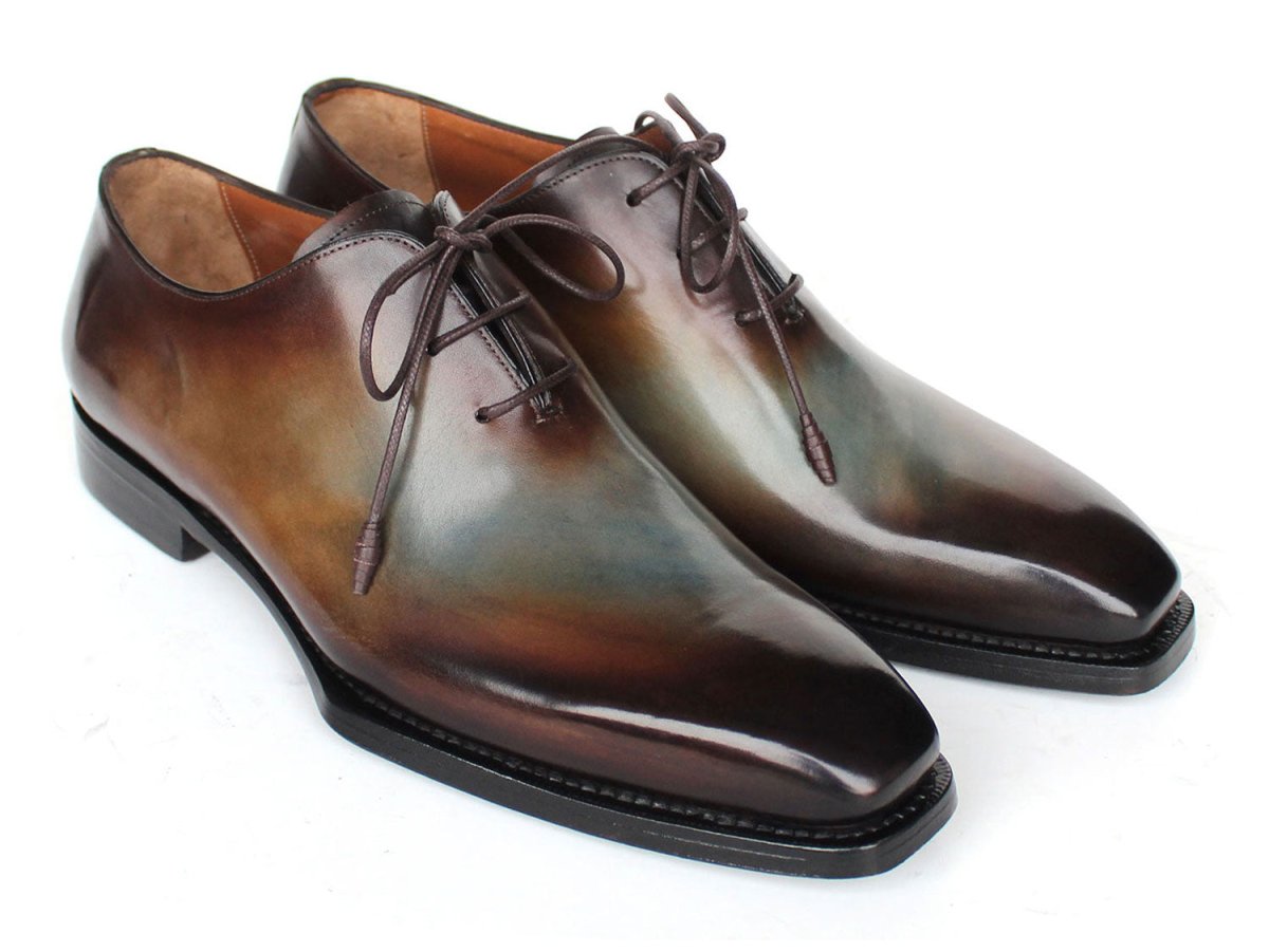 Paul Parkman Men's Patina Goodyear Welted Wholecut Oxfords in Brown and Blue