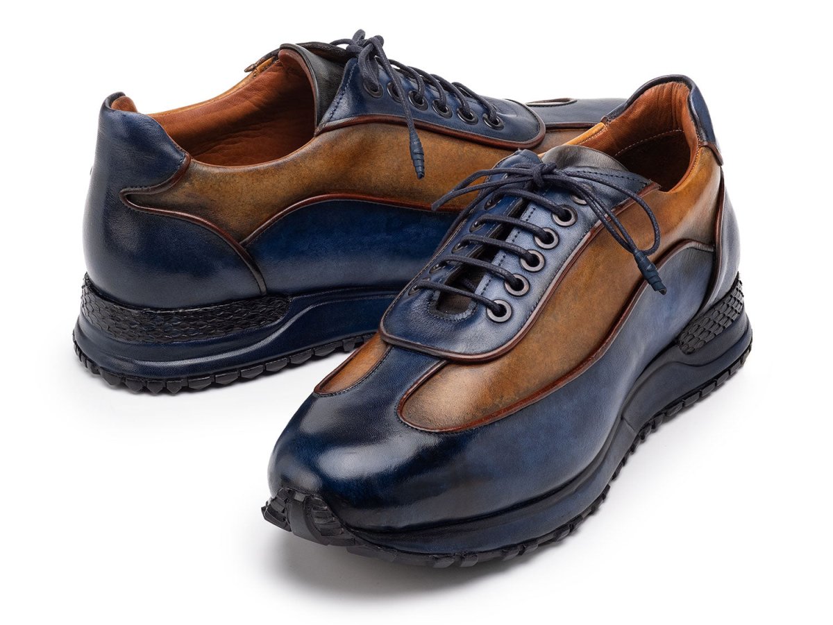 Paul Parkman Men's Patina Leather Sneakers in Blue and Camel