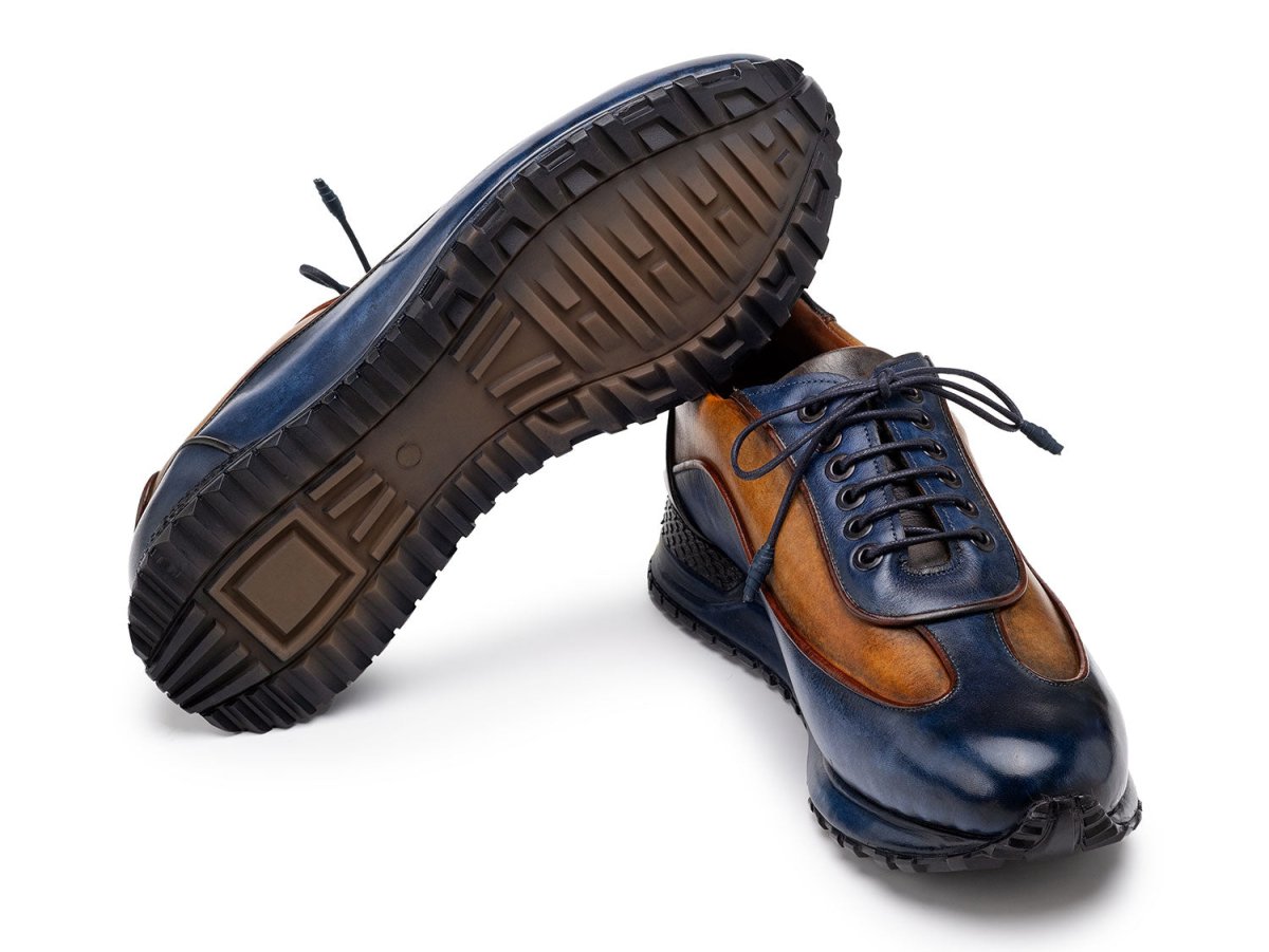 Paul Parkman Men's Patina Leather Sneakers in Blue and Camel