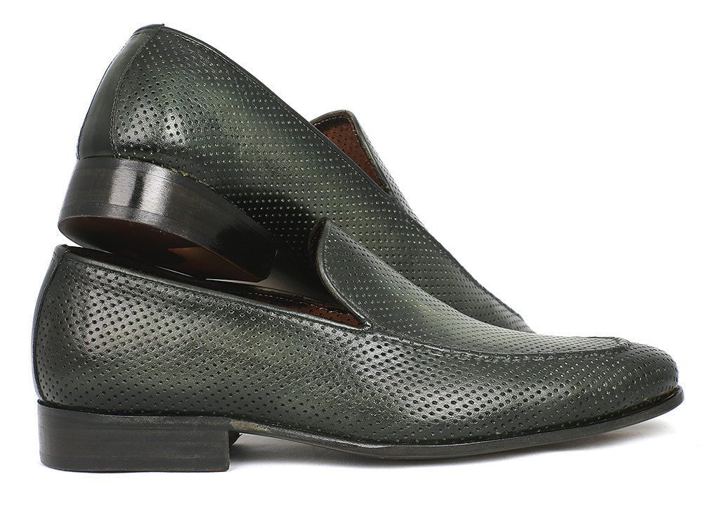 Paul Parkman Men's Perforated Leather Loafers in Green