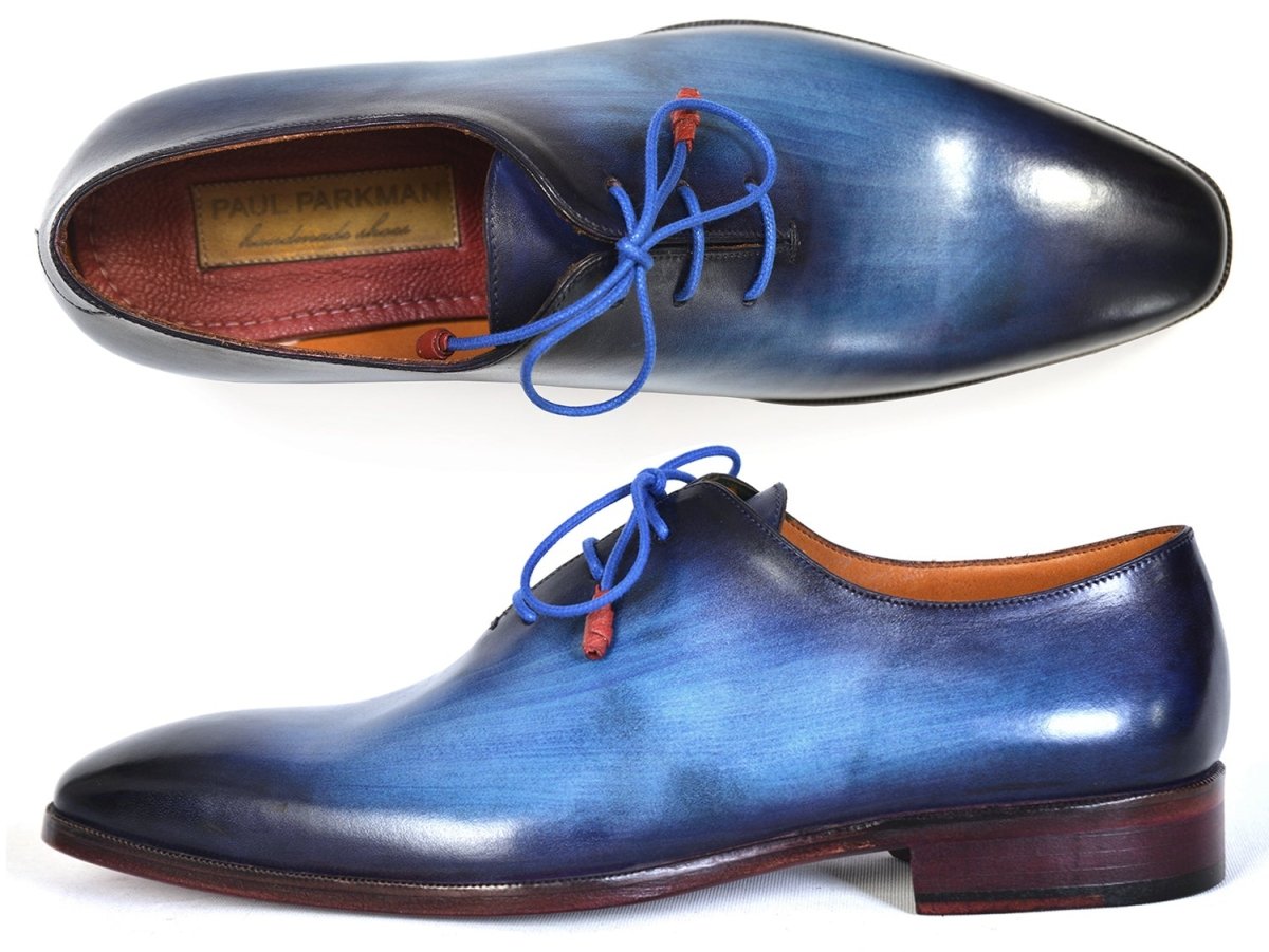 Paul Parkman Men's Plain Toe Wholecut Oxfords Blue Hand Painted (ID755 BLU)