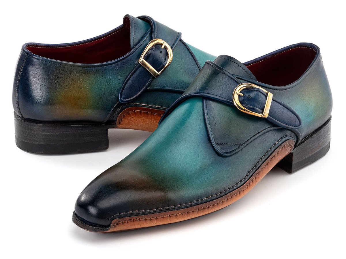 Paul Parkman Men's Single Monkstrap Shoes in Turquoise and Brown