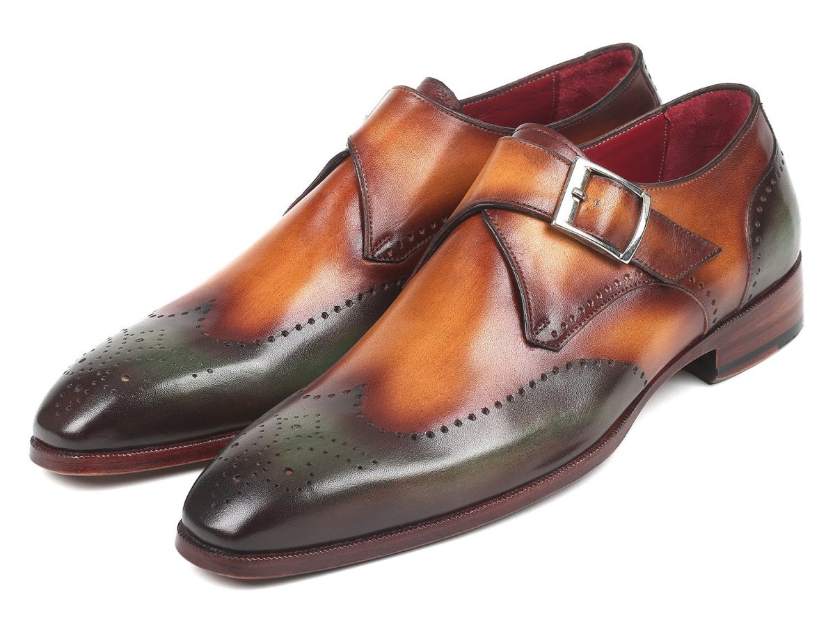 Paul Parkman Men's Single Monkstraps in Green and Camel