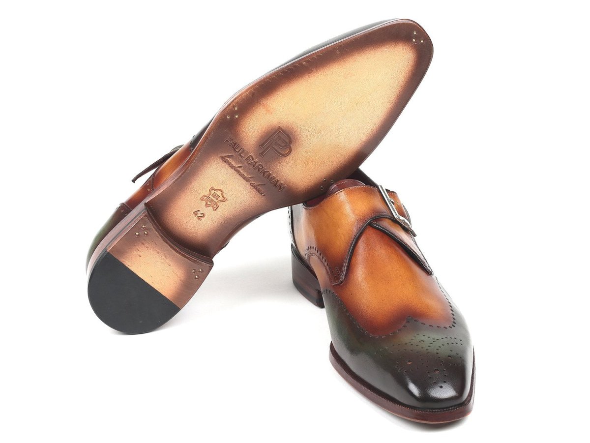 Paul Parkman Men's Single Monkstraps in Green and Camel