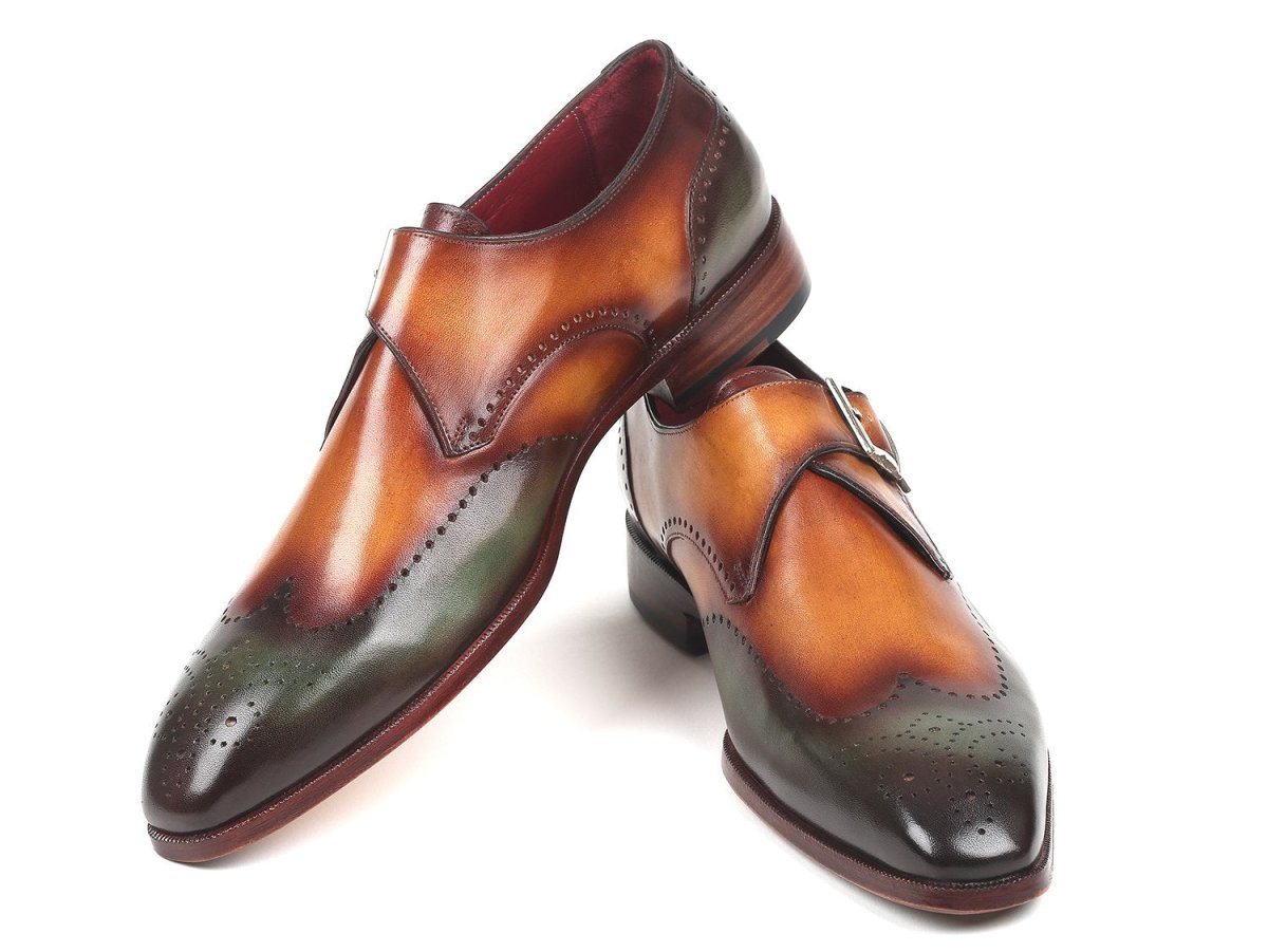 Paul Parkman Men's Single Monkstraps in Green and Camel