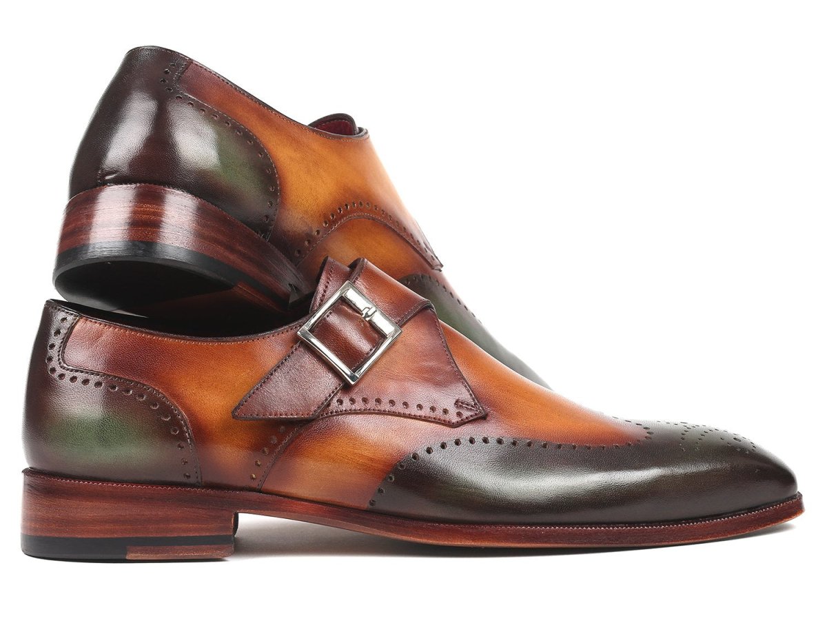 Paul Parkman Men's Single Monkstraps in Green and Camel