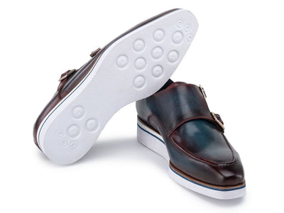 Paul Parkman Men's Smart Casual Monkstraps Blue and Bordeaux Patina (ID189 BLU BRD)
