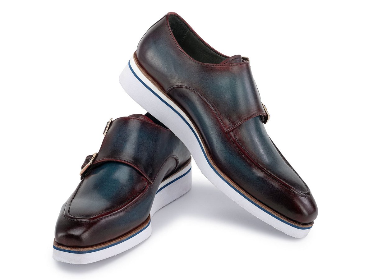 Paul Parkman Men's Smart Casual Monkstraps Blue and Bordeaux Patina (ID189 BLU BRD)