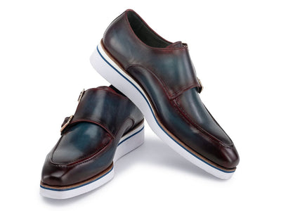 Paul Parkman Men's Smart Casual Monkstraps Blue and Bordeaux Patina (ID189 BLU BRD)