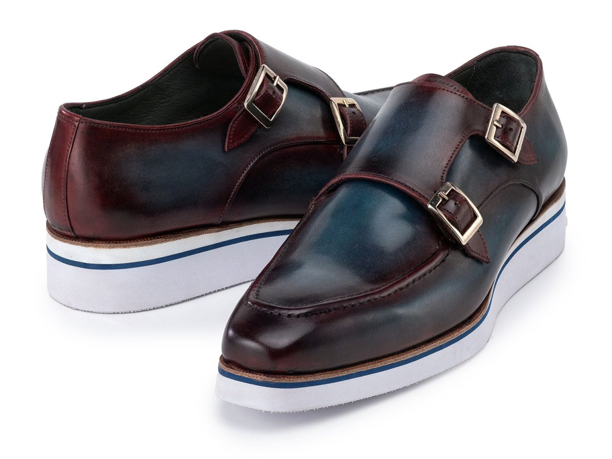 Paul Parkman Men's Smart Casual Monkstraps Blue and Bordeaux Patina (ID189 BLU BRD)