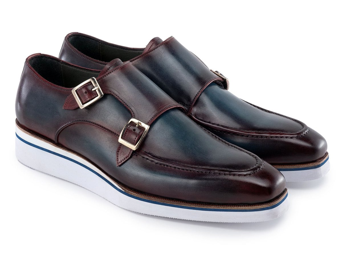 Paul Parkman Men's Smart Casual Monkstraps Blue and Bordeaux Patina (ID189 BLU BRD)