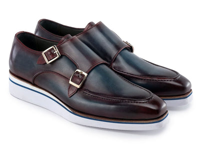 Paul Parkman Men's Smart Casual Monkstraps Blue and Bordeaux Patina (ID189 BLU BRD)