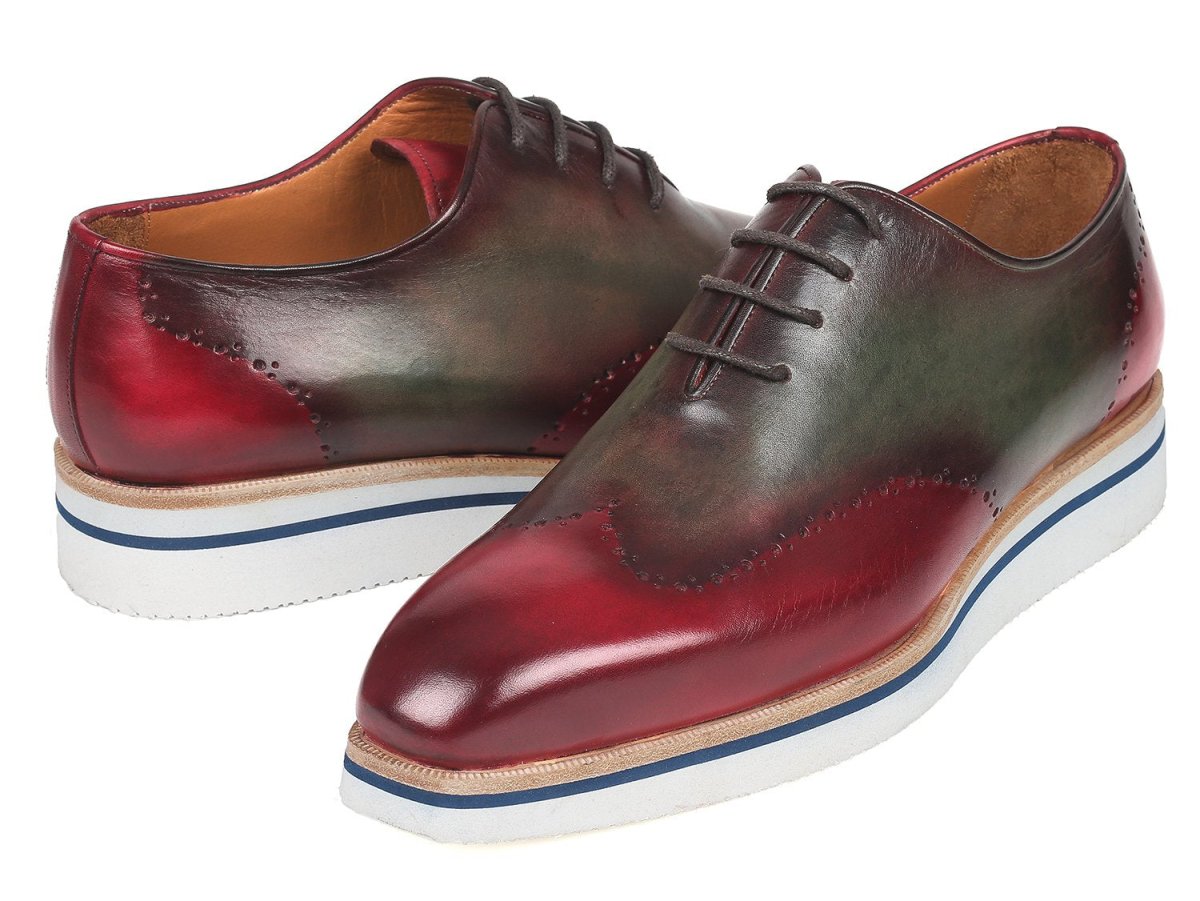 Paul Parkman Men's Smart Casual Wingtip Oxfords Bordeaux and Green (ID187 - BRD - GRN)