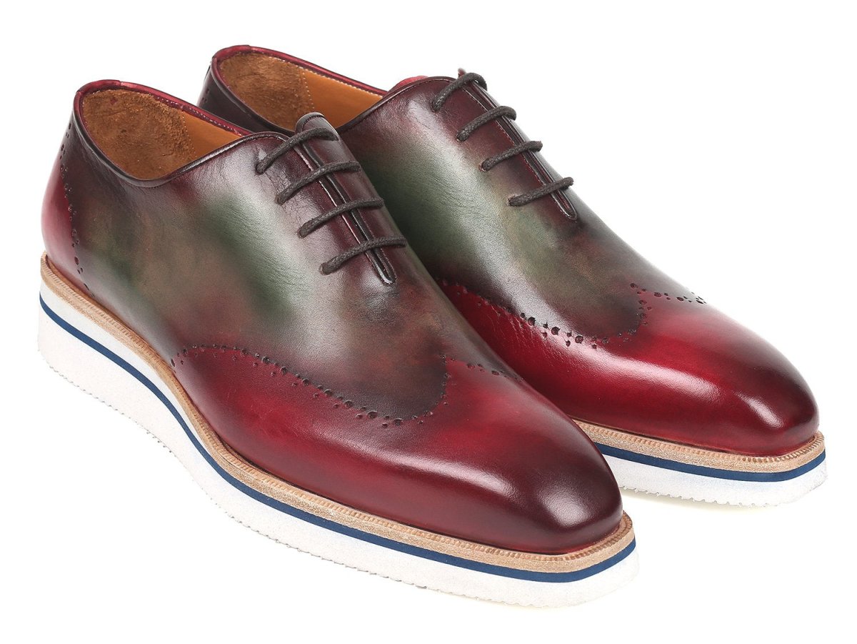 Paul Parkman Men's Smart Casual Wingtip Oxfords Bordeaux and Green (ID187 - BRD - GRN)