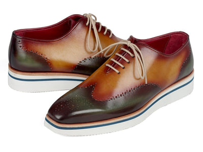 Paul Parkman Men's Smart Casual Wingtip Oxfords Green and Camel (ID188 GRN CML)