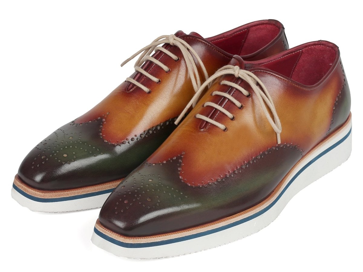 Paul Parkman Men's Smart Casual Wingtip Oxfords in Green and Camel