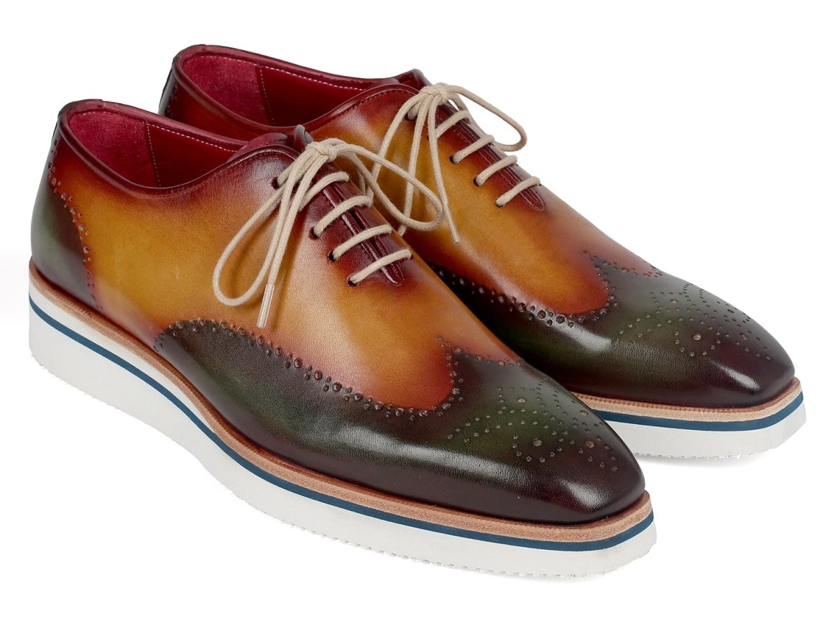 Paul Parkman Men's Smart Casual Wingtip Oxfords in Green and Camel