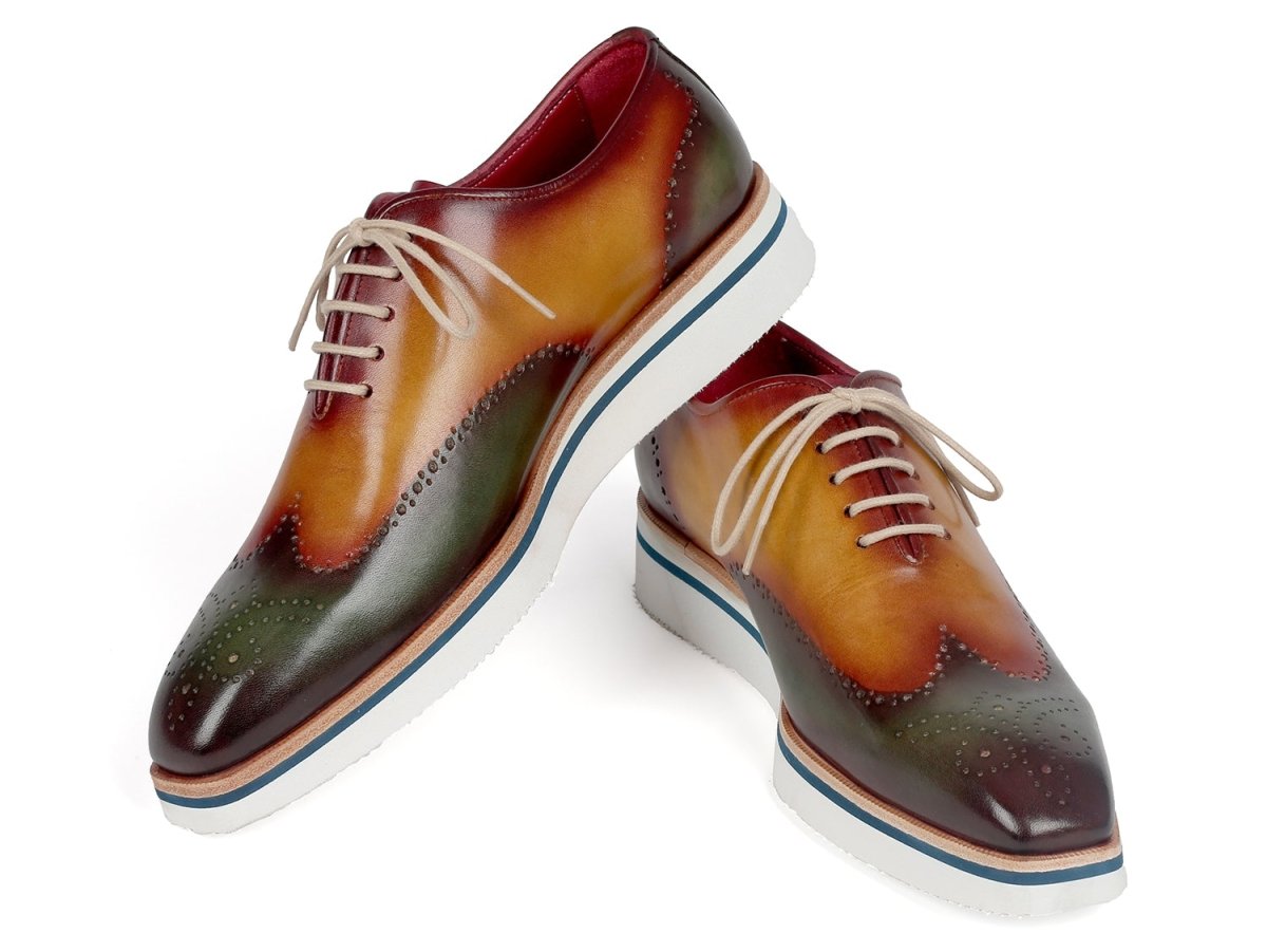 Paul Parkman Men's Smart Casual Wingtip Oxfords in Green and Camel