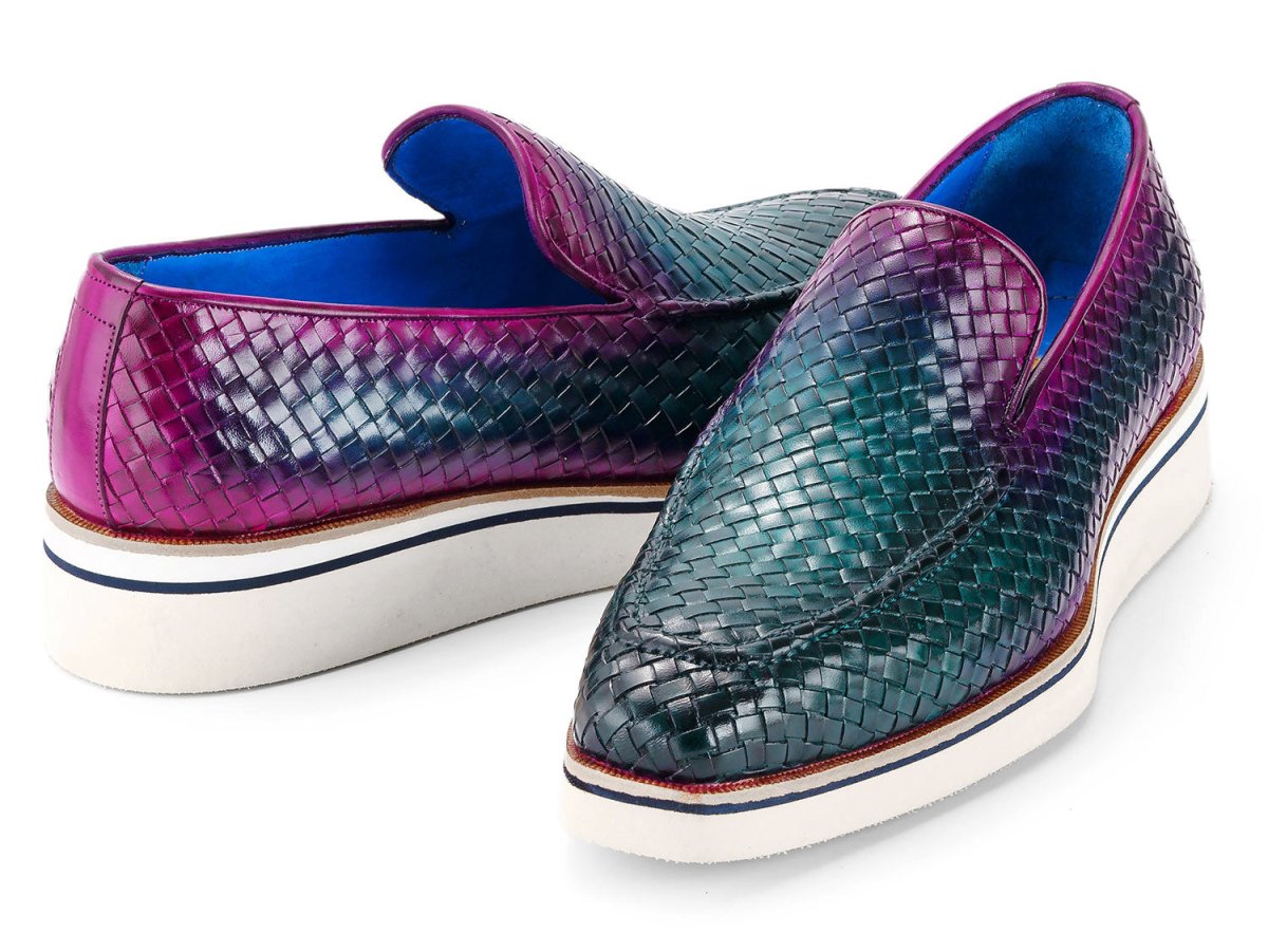 Paul Parkman Men's Smart Casual Woven Leather Loafers in Green and Purple
