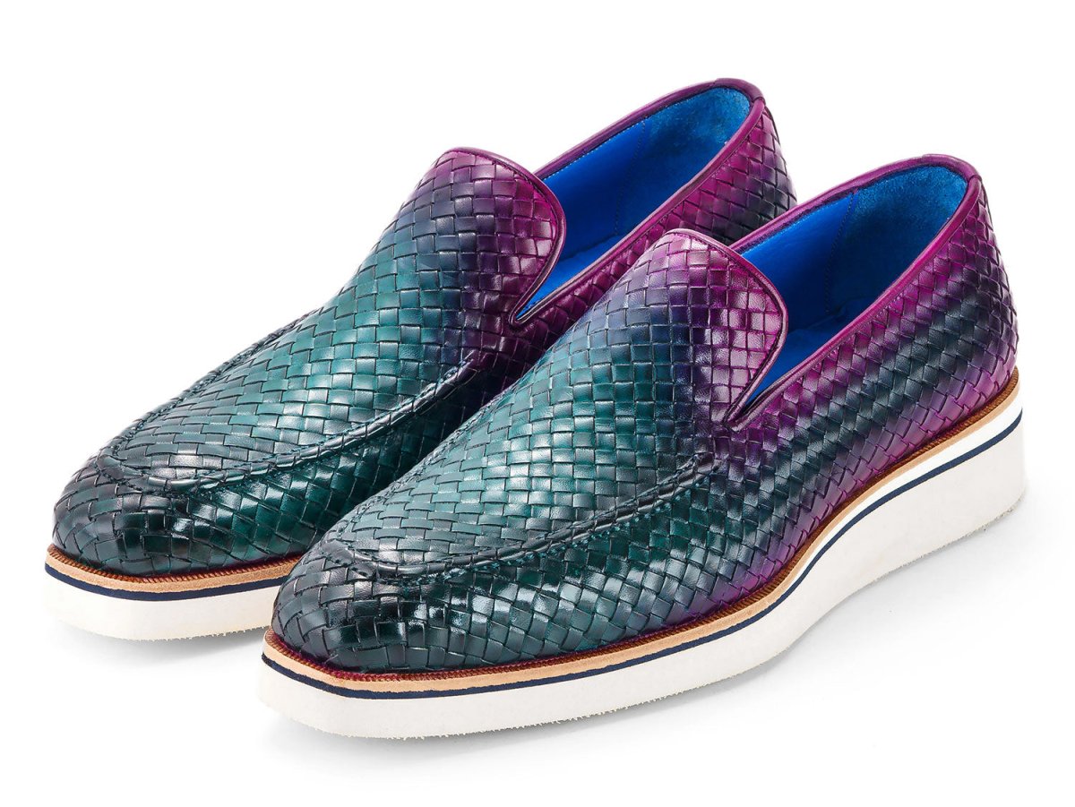 Paul Parkman Men's Smart Casual Woven Leather Loafers in Green and Purple