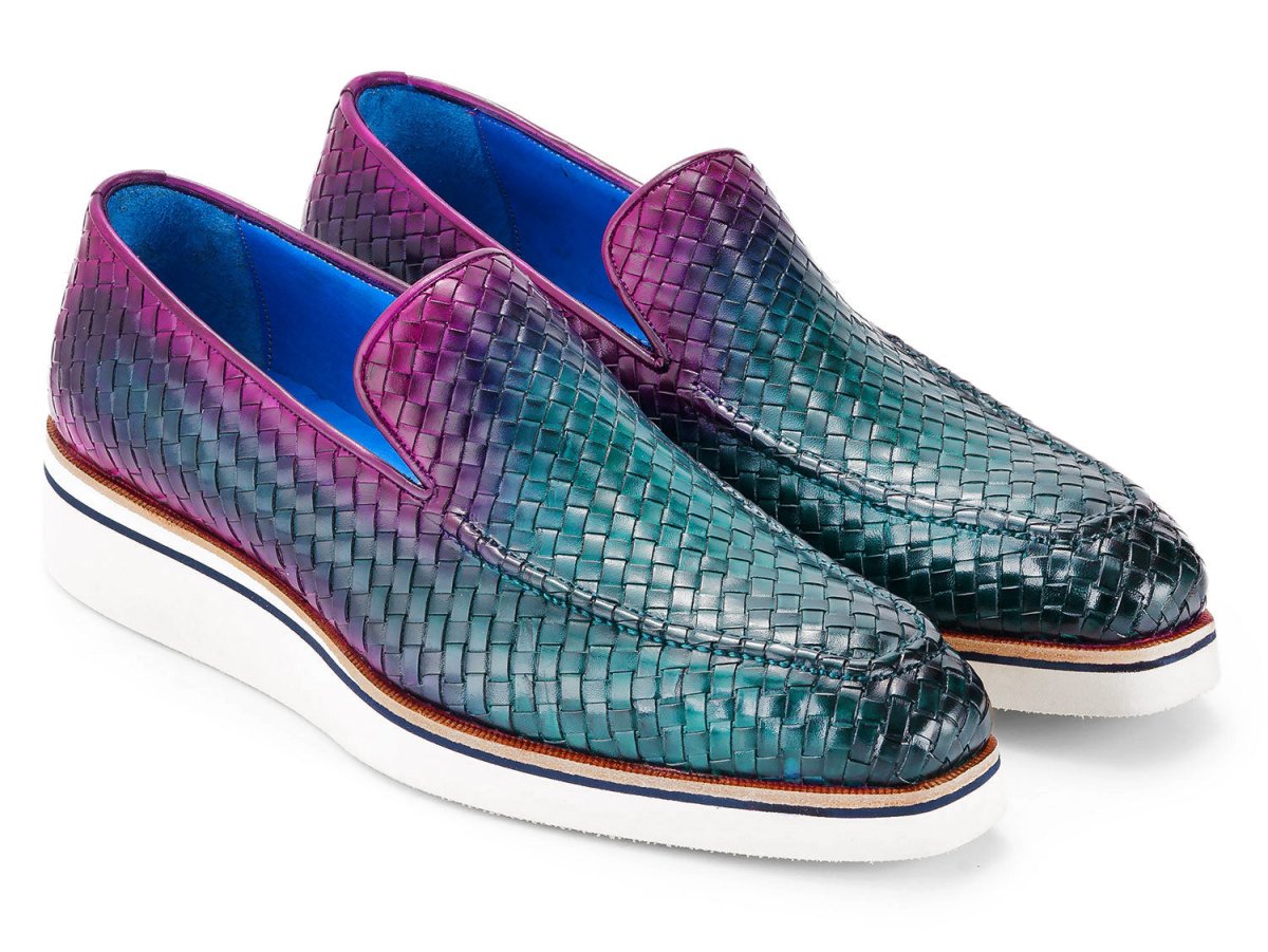 Paul Parkman Men's Smart Casual Woven Leather Loafers in Green and Purple