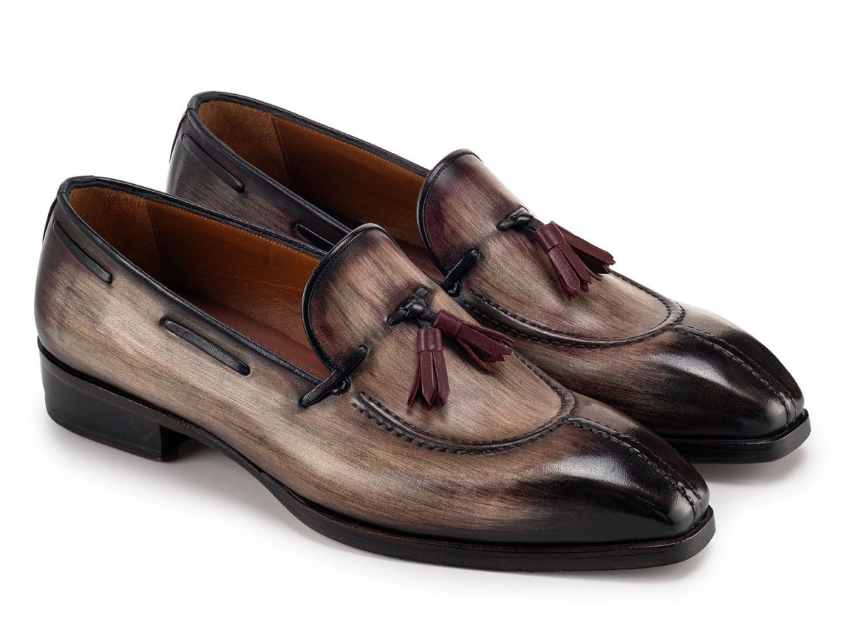 Paul Parkman Men's Split Toe Tassel Loafers Brown Patina Leather (ID8135 BRW)