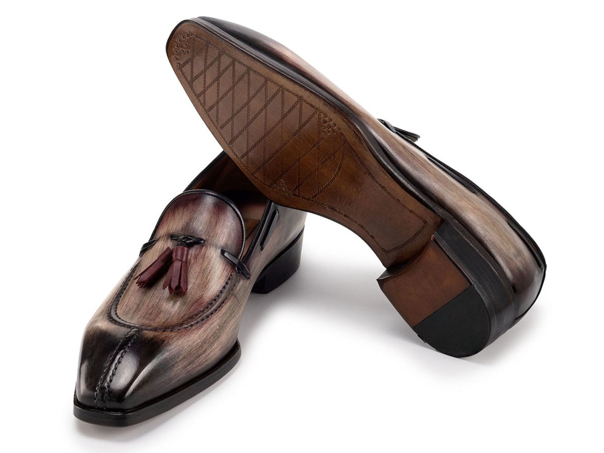 Paul Parkman Men's Split Toe Tassel Loafers Brown Patina Leather (ID8135 BRW)